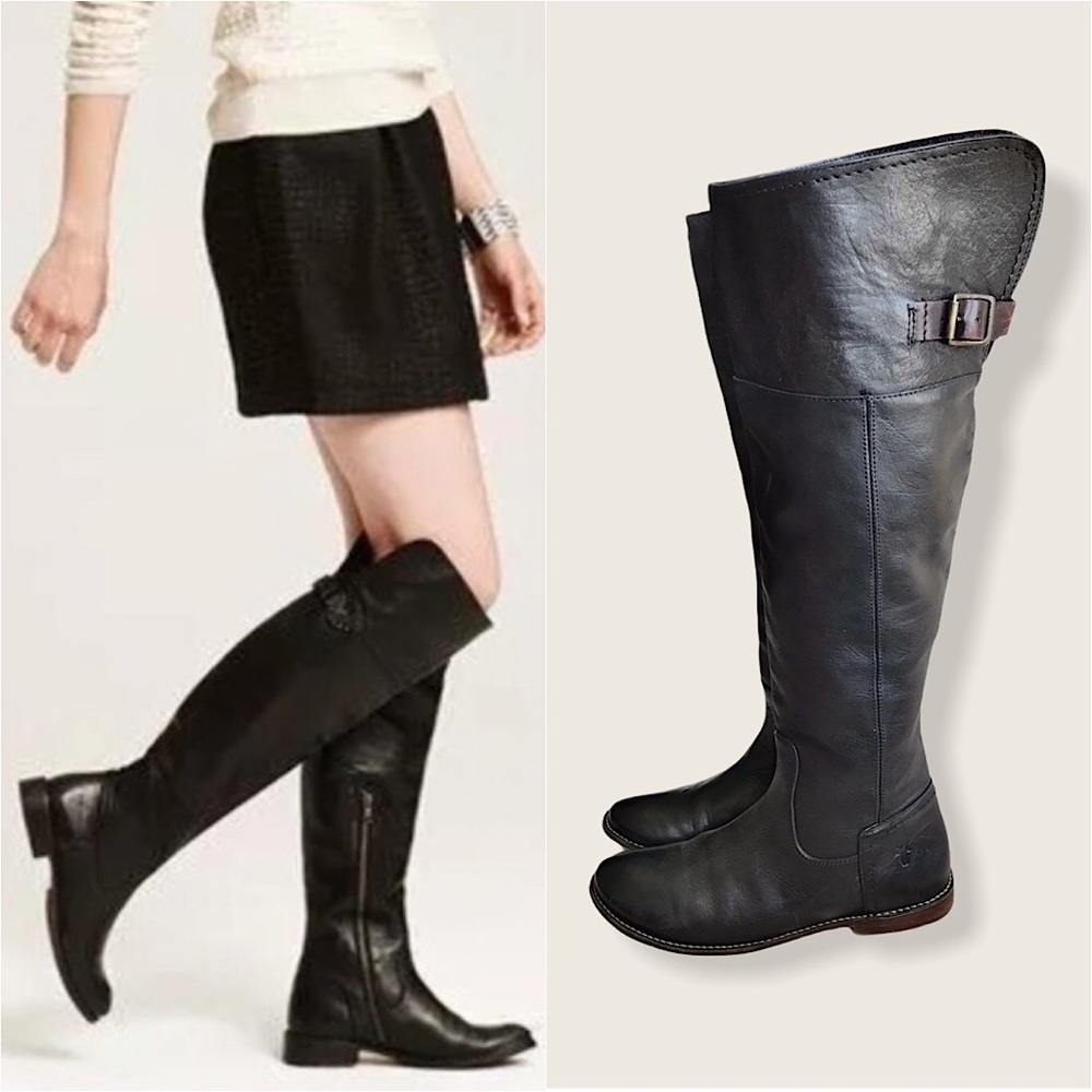 $349 Frye Paige Over the Knee Trendy Knee Tall Black Real Leather Buckle Boots